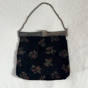 Antique Victorian Edwardian Vintage Black Floral Tapestry Bag Purse with Mirror